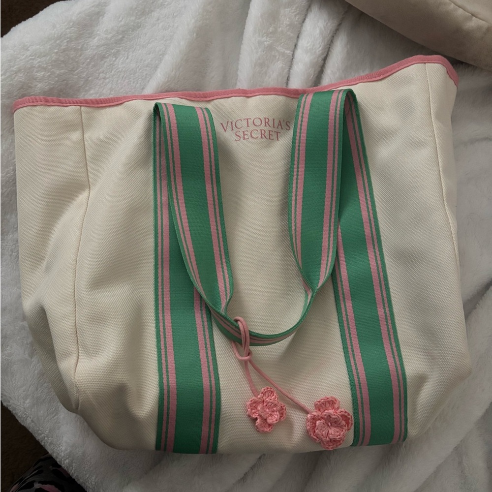 Victoria's Secret Cream Tote with Green and Pink Stripes